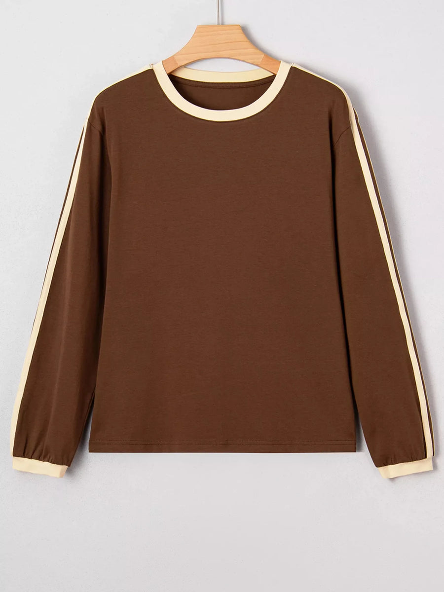 Dark brown long-sleeve t-shirt with contrast crew neck and stripe details on sleeves.