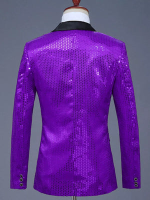 Men's purple sequin tuxedo blazer with black lapel and button cuffs.