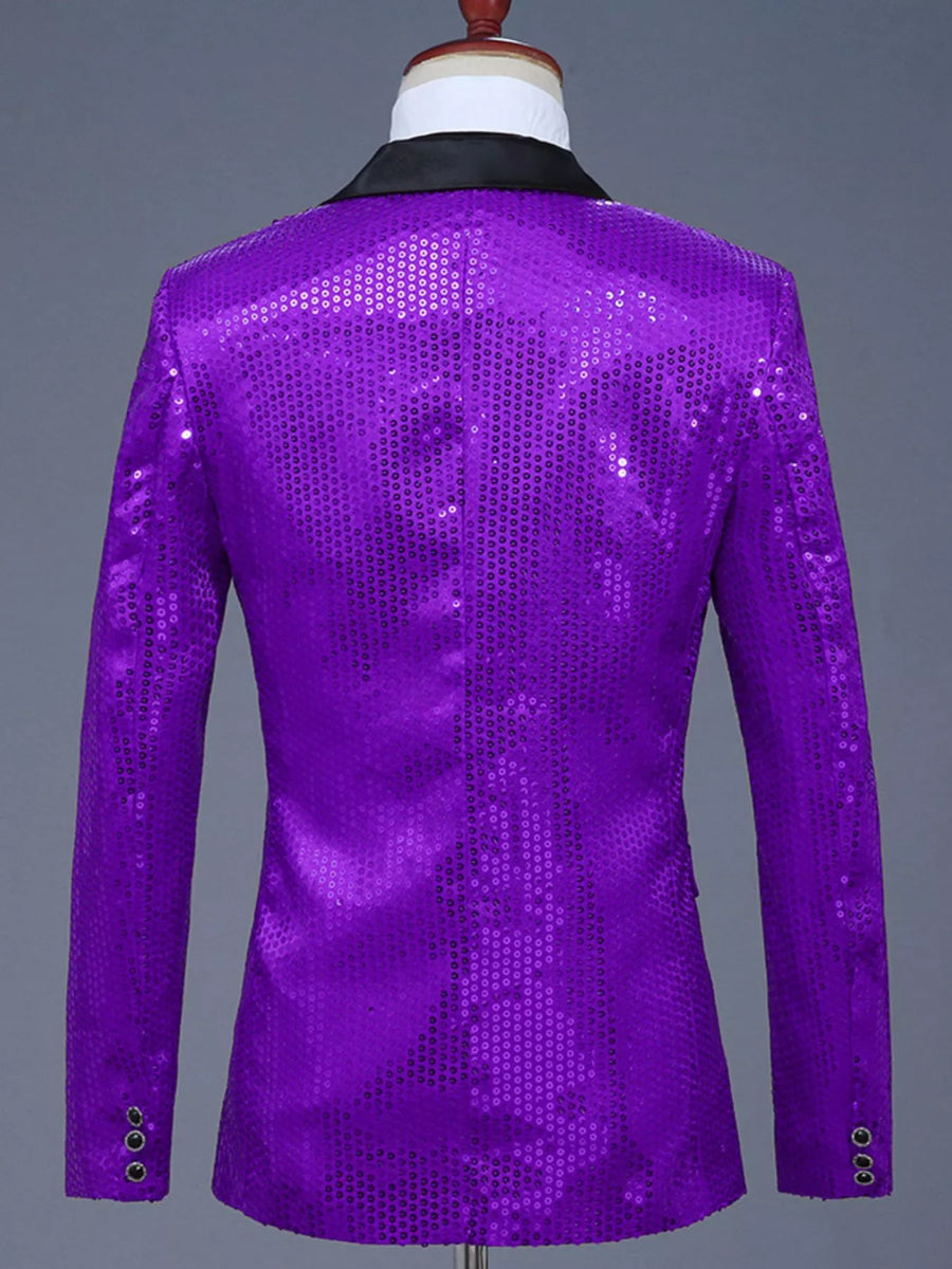 Men's purple sequin tuxedo blazer with black lapel and button cuffs.
