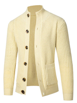 light yellow cardigan with ribbed knit and mock neck