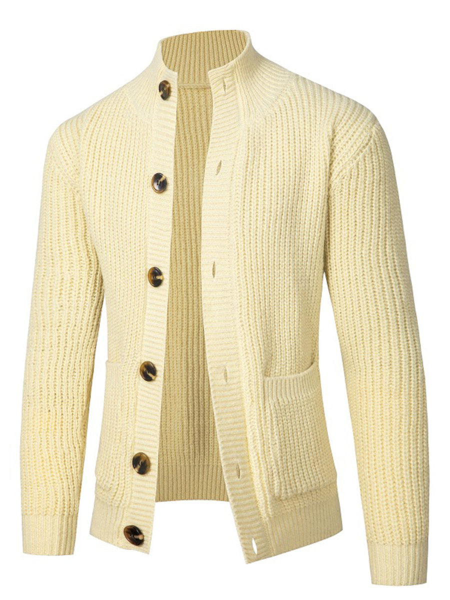 light yellow cardigan with ribbed knit and mock neck