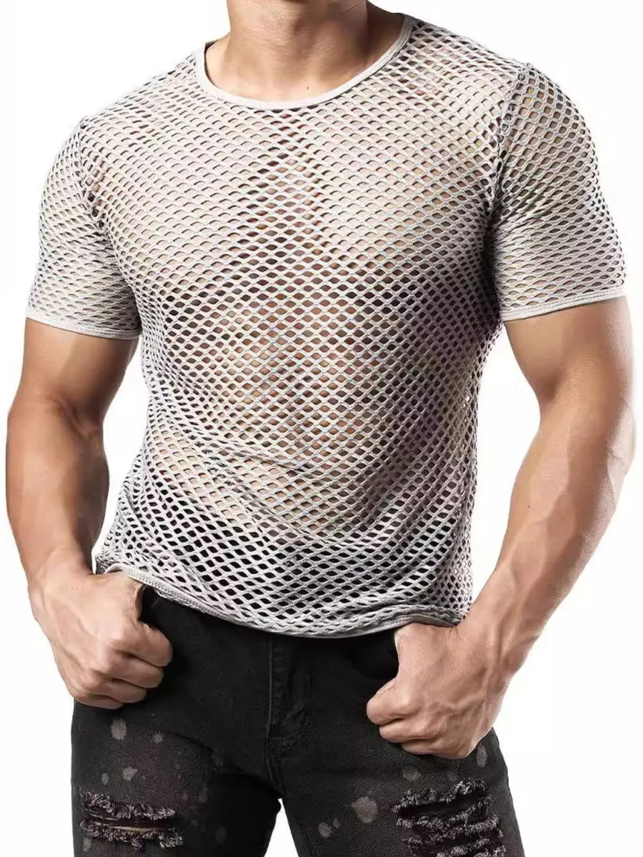 Mesh knit crew neck tee in gray with short sleeves and a see-through diamond pattern.
