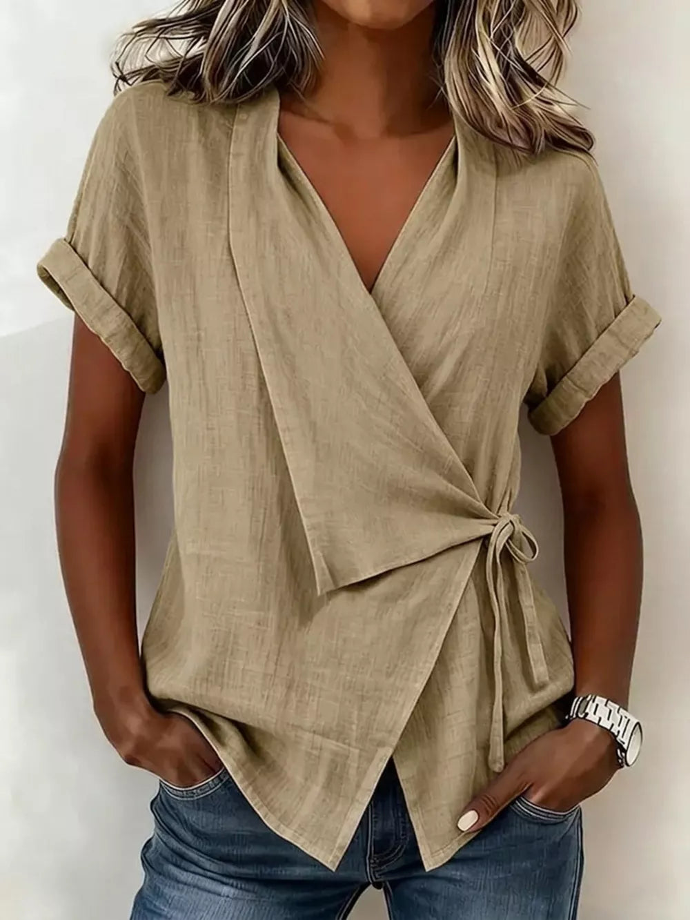 wrap top in Gray with tie-side and hip-length