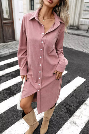 shirt dress featuring ribbed in Dusty Pink with 100% polyester Care instructions: Machine wash cold texture