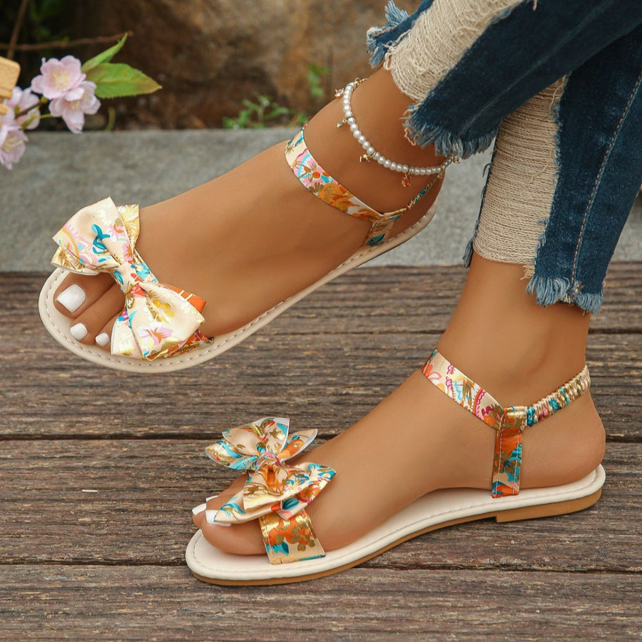 Vonili beige floral bowknot flat sandals