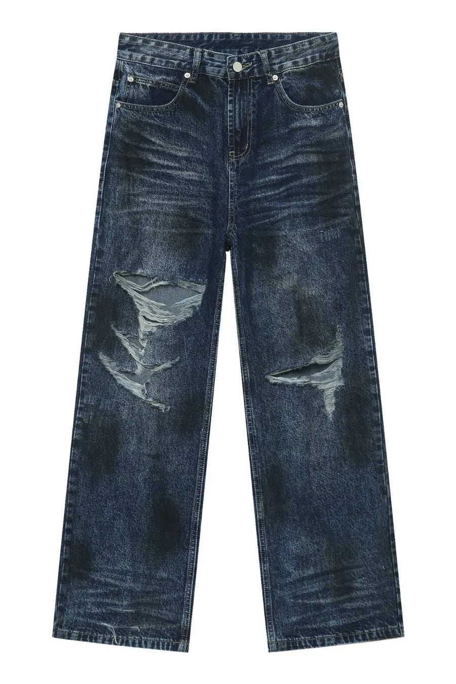 Dark wash distressed denim jeans with ripped details and a relaxed fit.