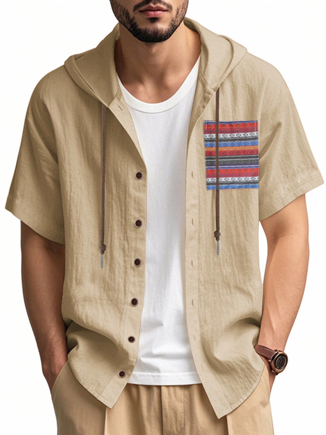 Men's light khaki hooded short sleeve shirt with patterned chest pocket and drawstring detail