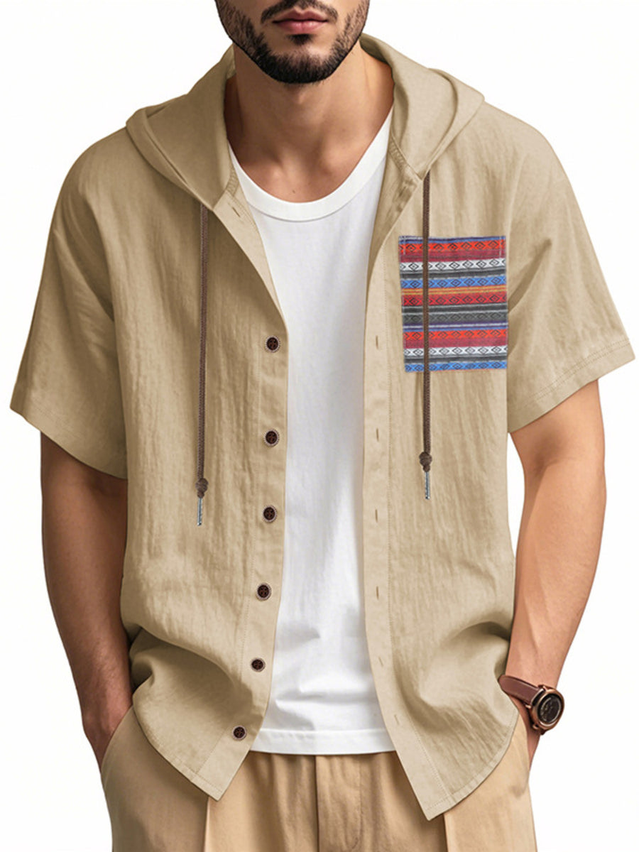 Men's light khaki hooded short sleeve shirt with patterned chest pocket and drawstring detail