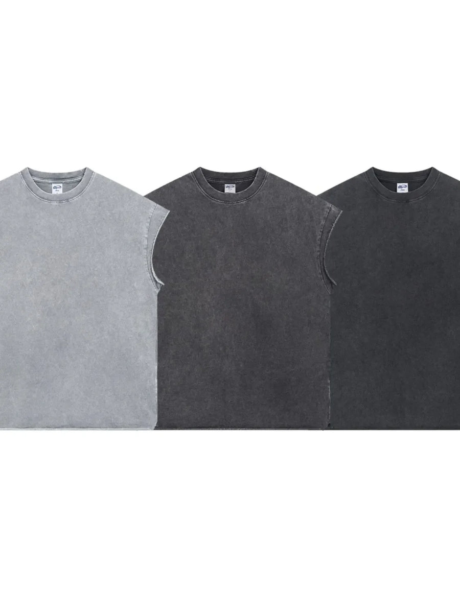 Acid wash boxy muscle tees in gray and charcoal.
