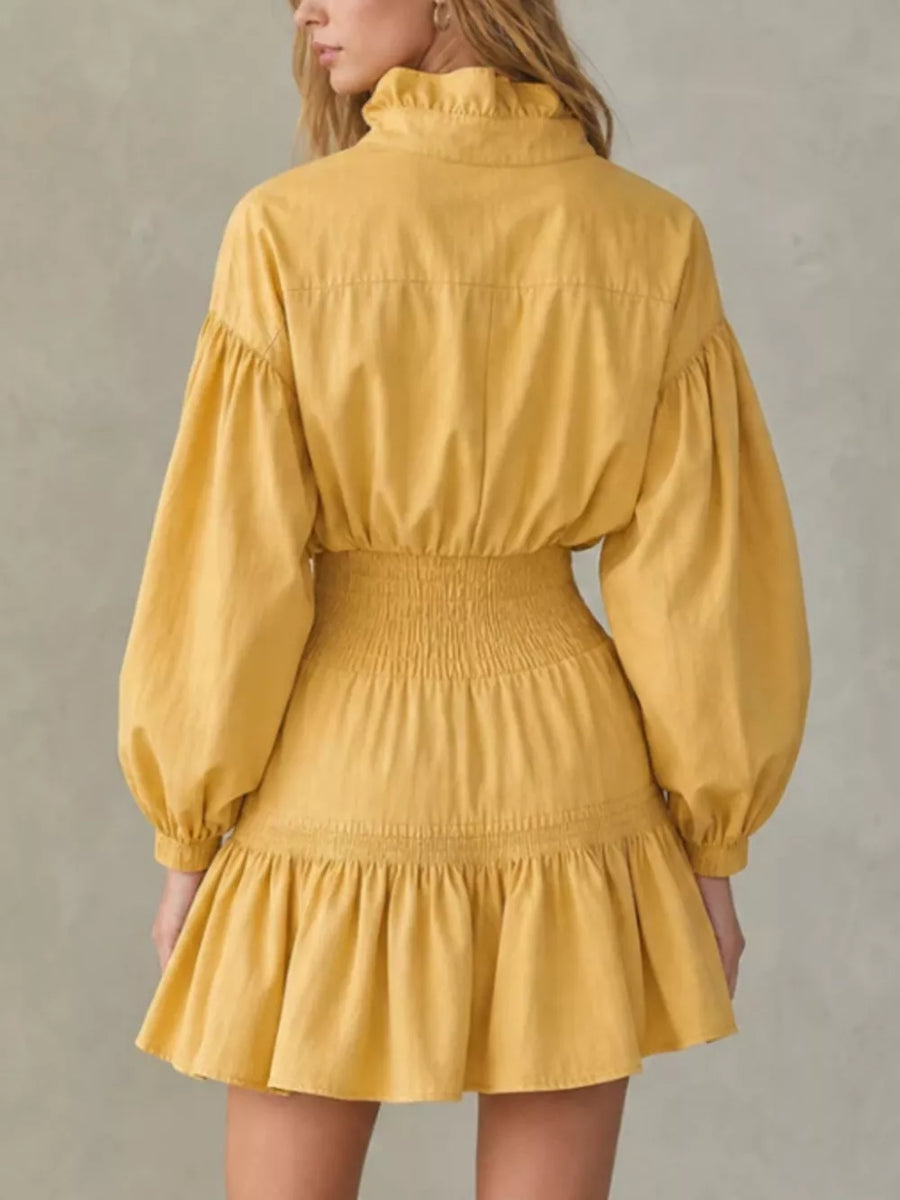 100% polyester Care instructions: Machine wash cold mini dress in mustard yellow with fit-and-flare silhouette