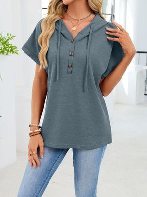 Blue gray waffle knit short sleeve hoodie with button placket and drawstring hood.