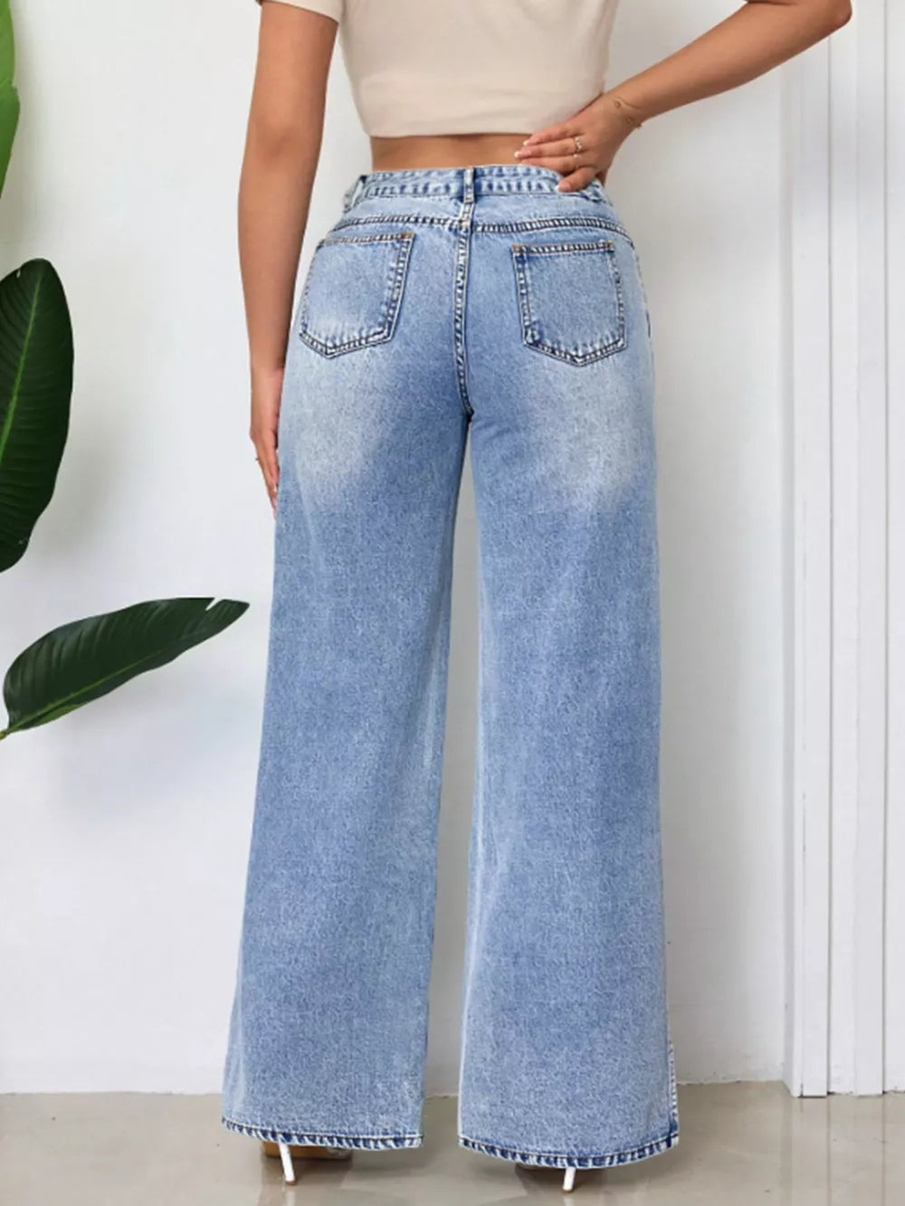 Blue with High-waisted Wide-leg Jeans With Side Slits in Blue