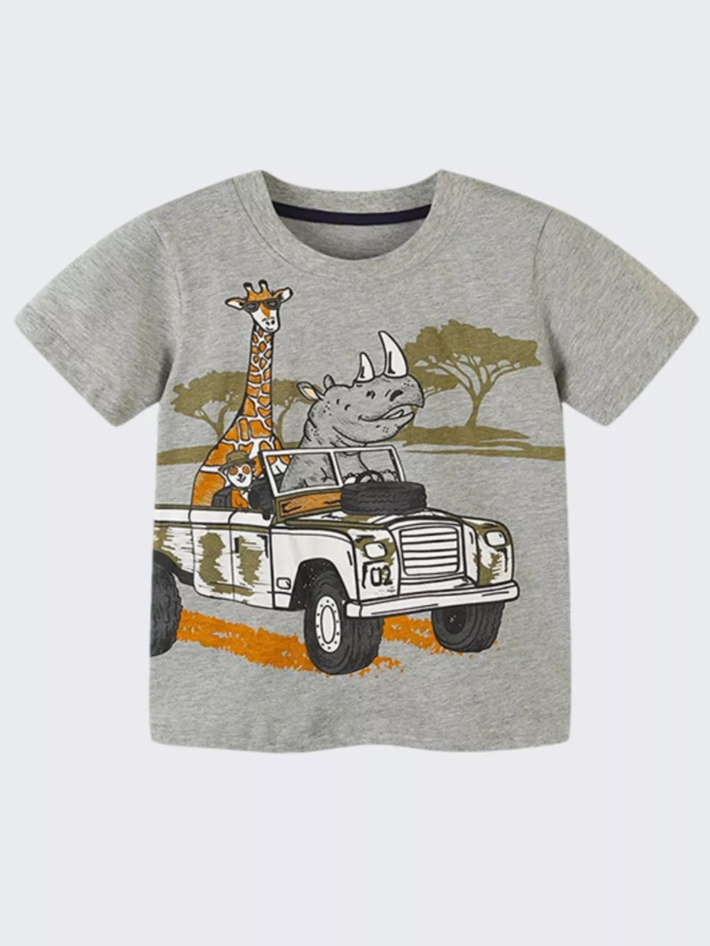 Grey cotton toddler t-shirt with safari adventure graphic featuring a giraffe and rhino in a jeep.
