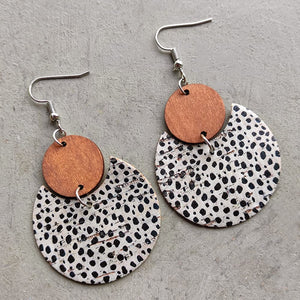 Cork and wood abstract drop earrings with dalmatian print detail
