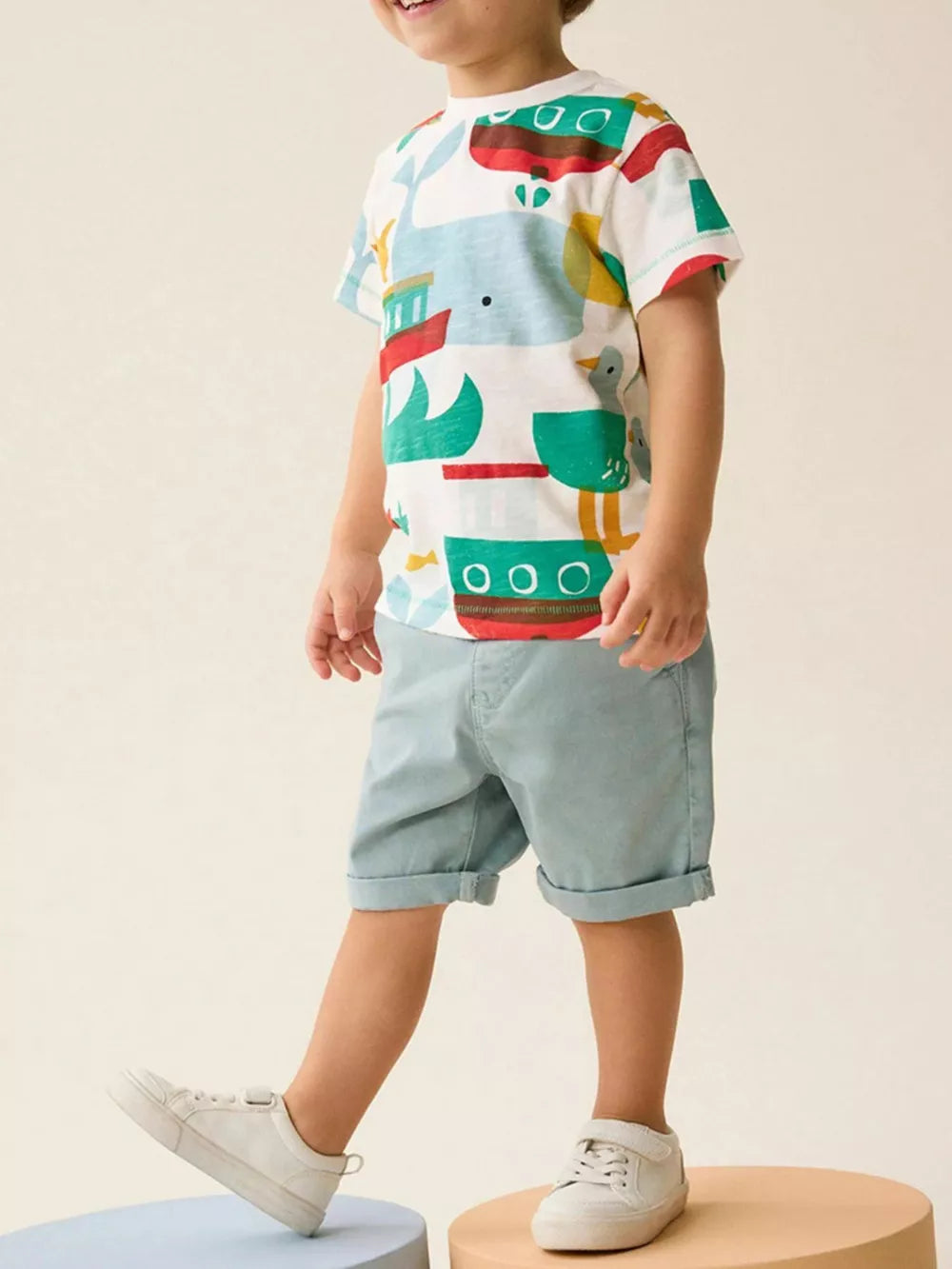 Toddler boys white cotton t-shirt with a colorful marine theme print.