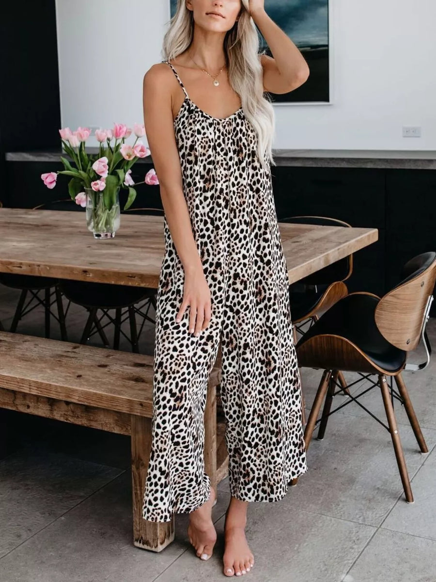Leopard print wide leg jumpsuit with spaghetti straps and V-neck