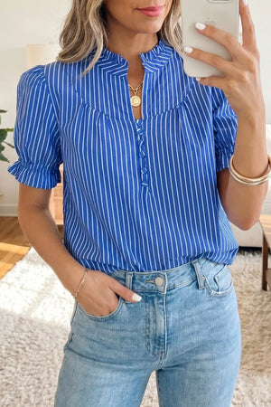 Blue striped cotton blend shirt with ruffled collar, puff sleeves, and button placket.