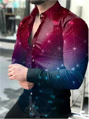 Cosmic print button-down shirt in gradient scarlet to dark blue, cotton blend, long sleeves.