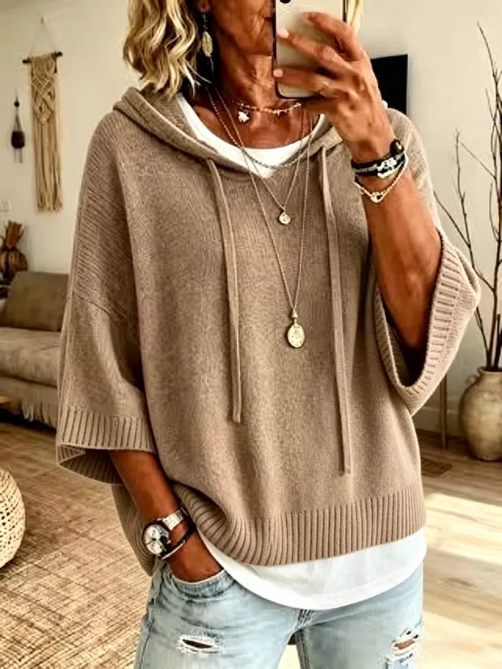 modern pullover sweater in Brown with hooded