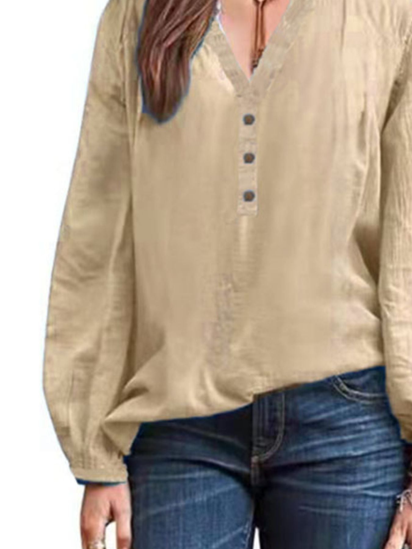 Apricot long-sleeve blouse with V-neck and button detail