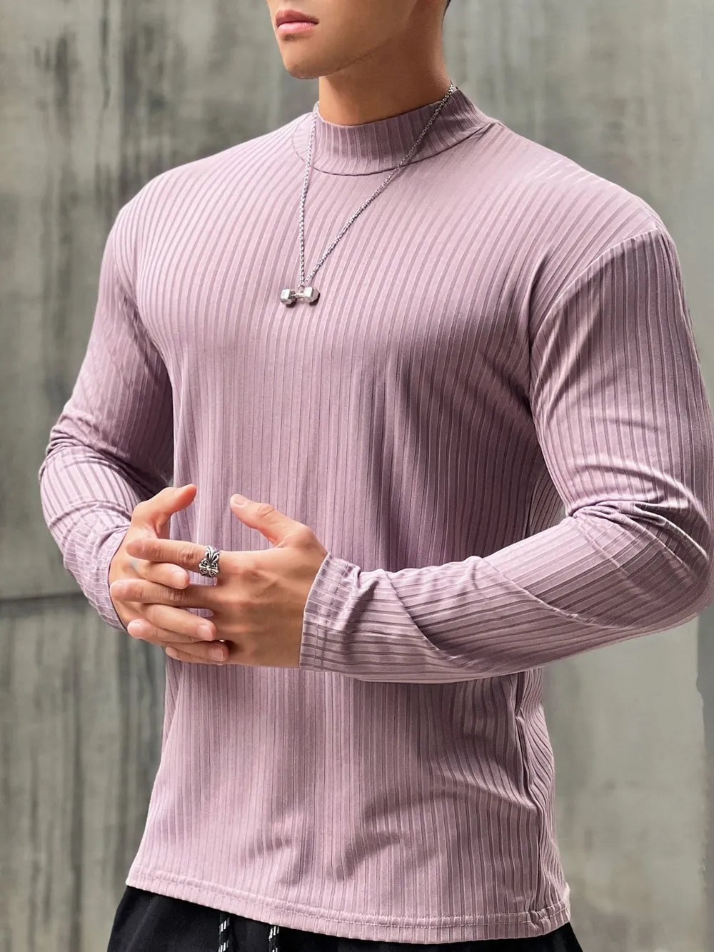 Lilac ribbed mock neck muscle fit long sleeve top with a subtle vertical stripe texture.