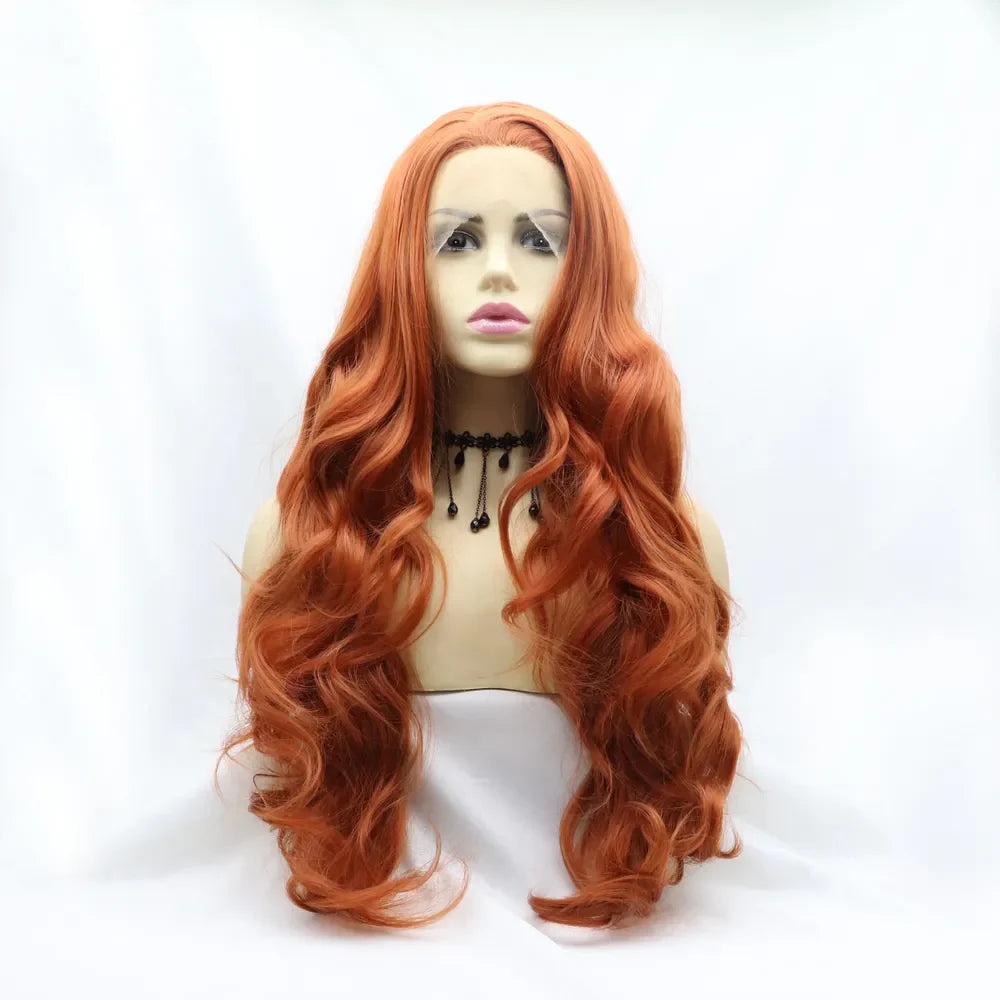 Orange lace front wig with long, wavy synthetic hair and a natural hairline.