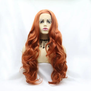 Orange lace front wig with long, wavy synthetic hair and a natural hairline.