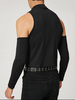 Black ribbed sleeveless top with detachable sleeves and mock neck