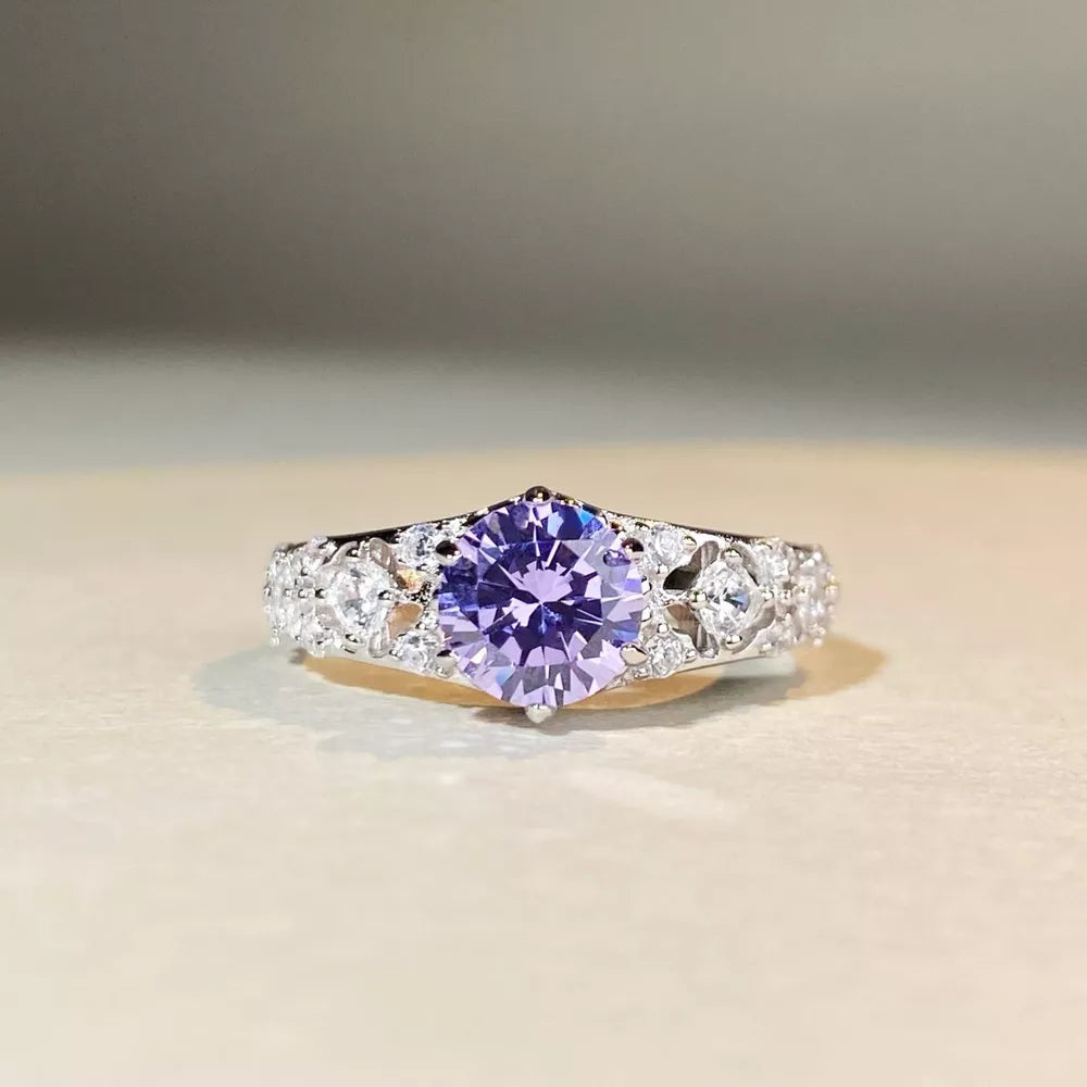ring in lavender featuring faceted stones and straight fit