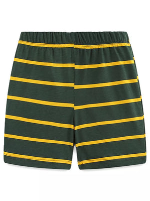 Dark green cotton baby shorts with yellow horizontal stripes and elastic waistband.