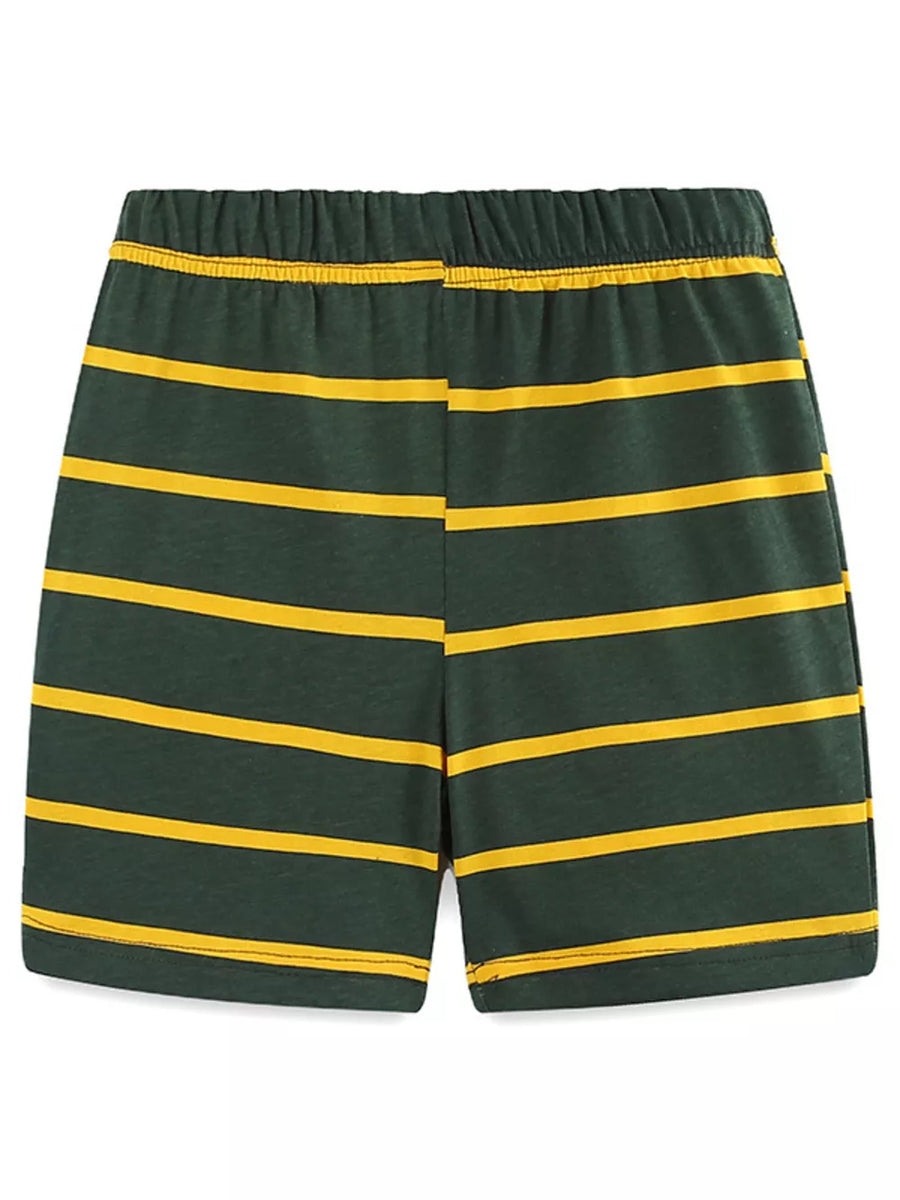 Dark green cotton baby shorts with yellow horizontal stripes and elastic waistband.