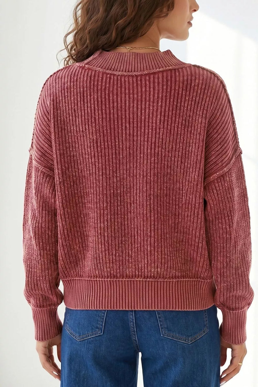 Drop Shoulder High Neck Ribbed Sweater in Burgundy