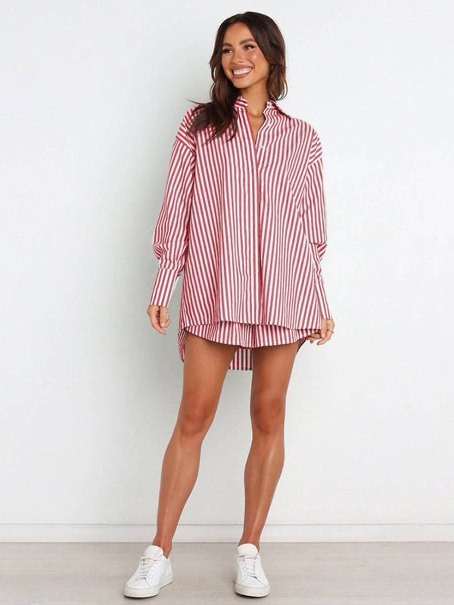 Oversized red and white stripe shirting set with button-up shirt and matching shorts.
