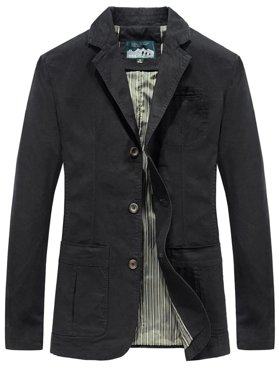 Black cotton slim fit casual button-up blazer with striped lining