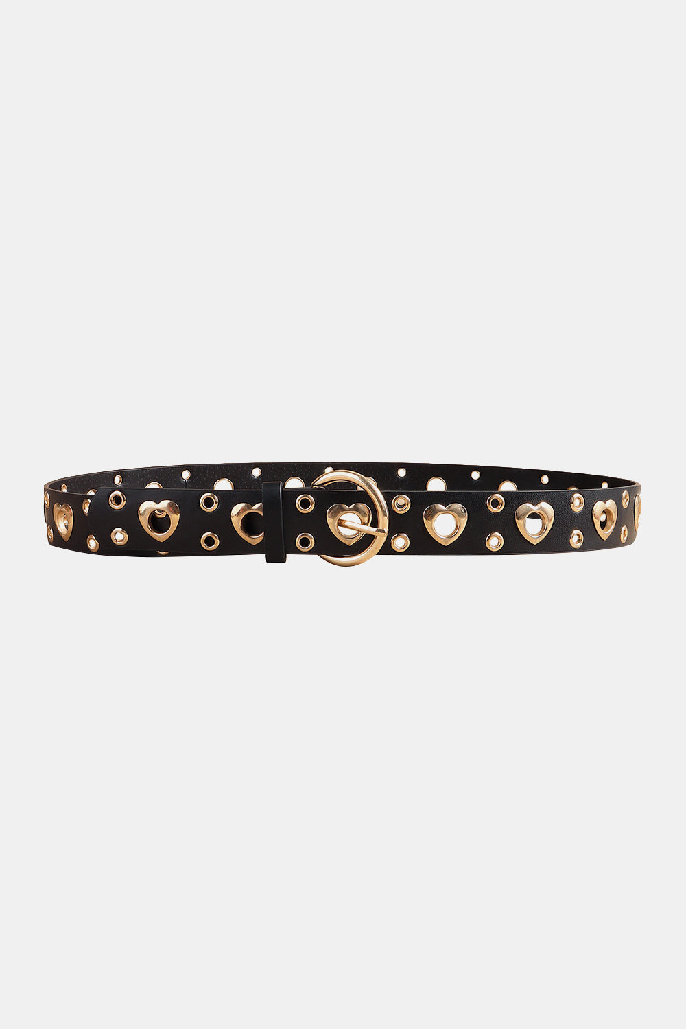 Black leather belt with gold heart cutouts and alloy buckle.