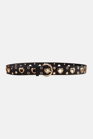 Black leather belt with gold heart cutouts and alloy buckle.