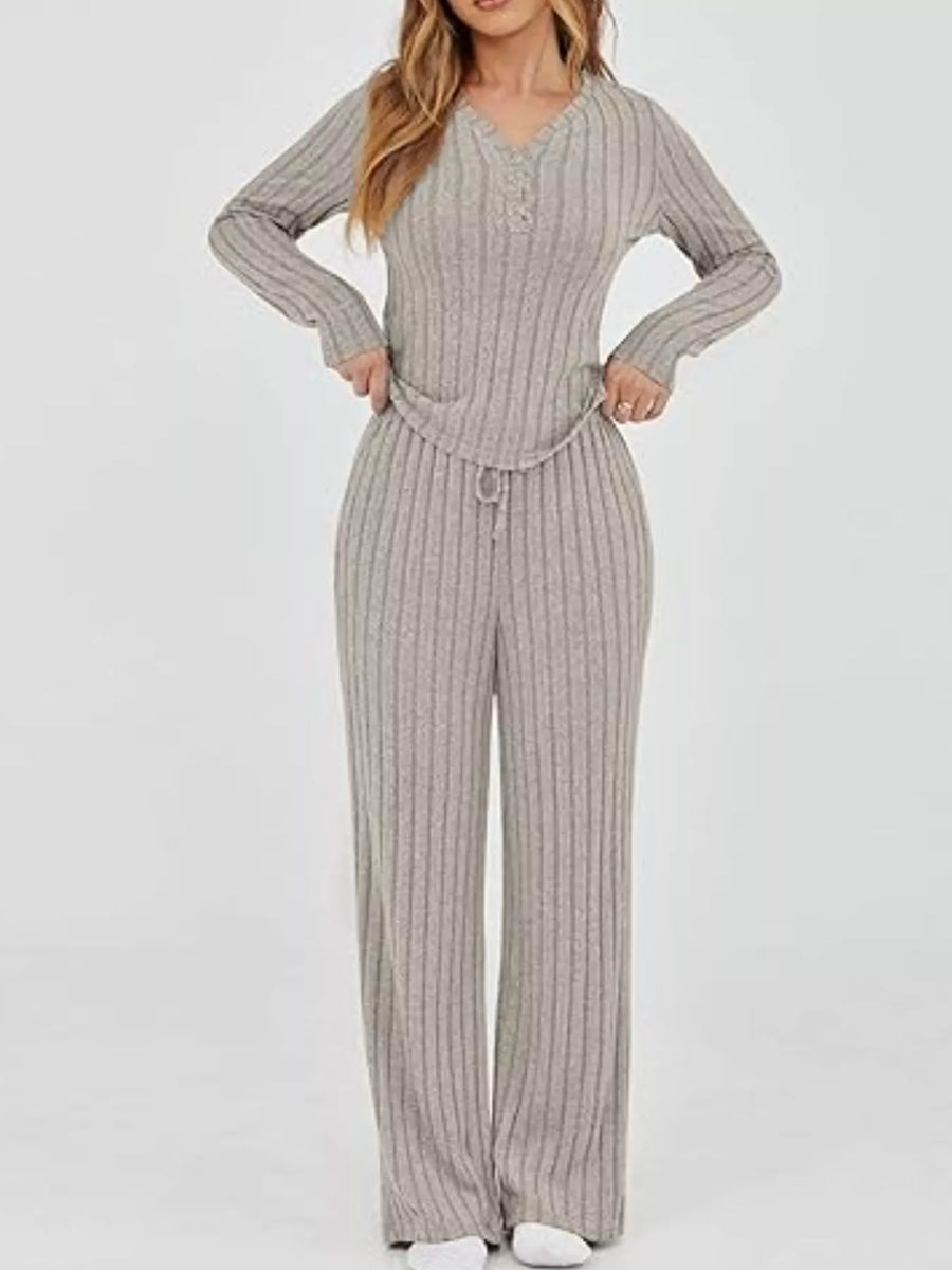Ribbed knit lounge set in khaki with drawstring pants and henley top.