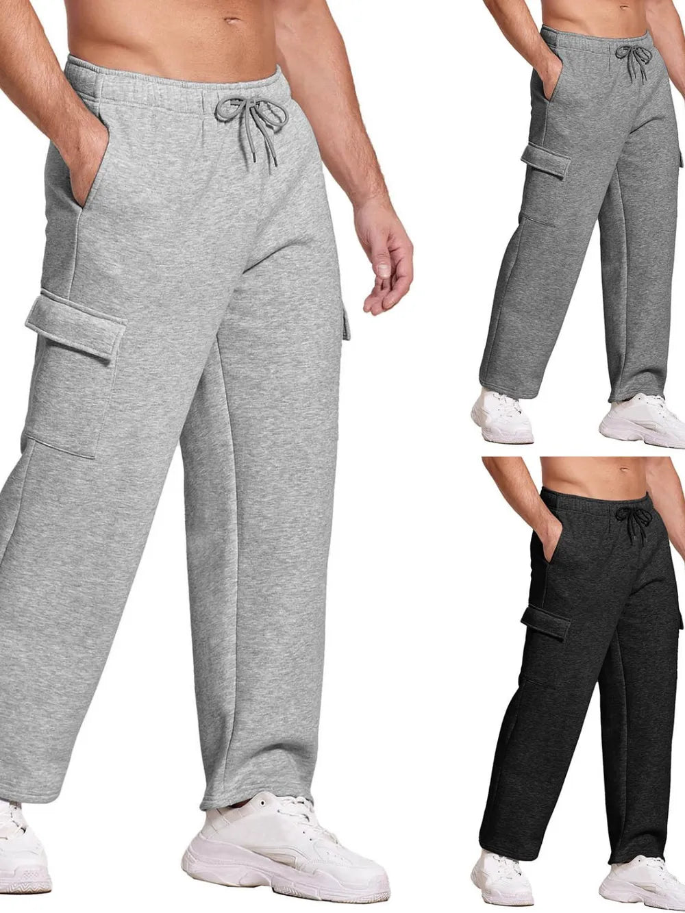 Men's gray and black fleece cargo joggers with drawstring waist and side pockets.