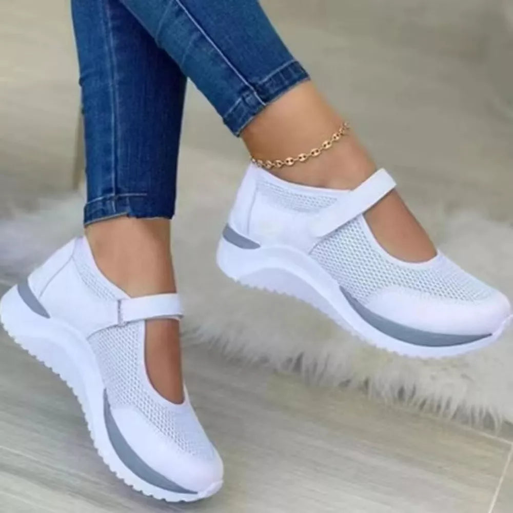 White mesh round toe Mary Janes with adjustable strap and chunky sole