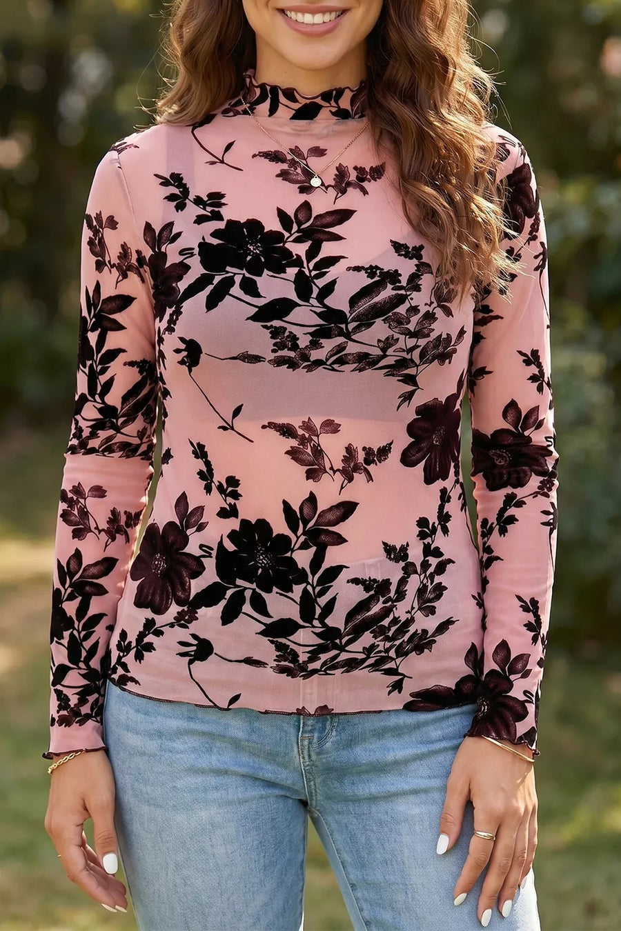 Dusty Pink Floral Print Mesh Long Sleeve Blouse