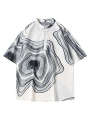 White oversized men's shirt with abstract black wave print and band collar.