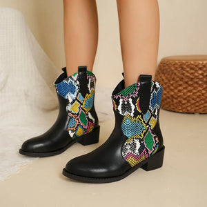 Python print western booties in snakeskin with colorful accents