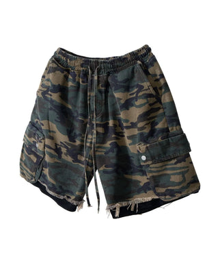 Camo cargo shorts with raw hem and drawstring waist.