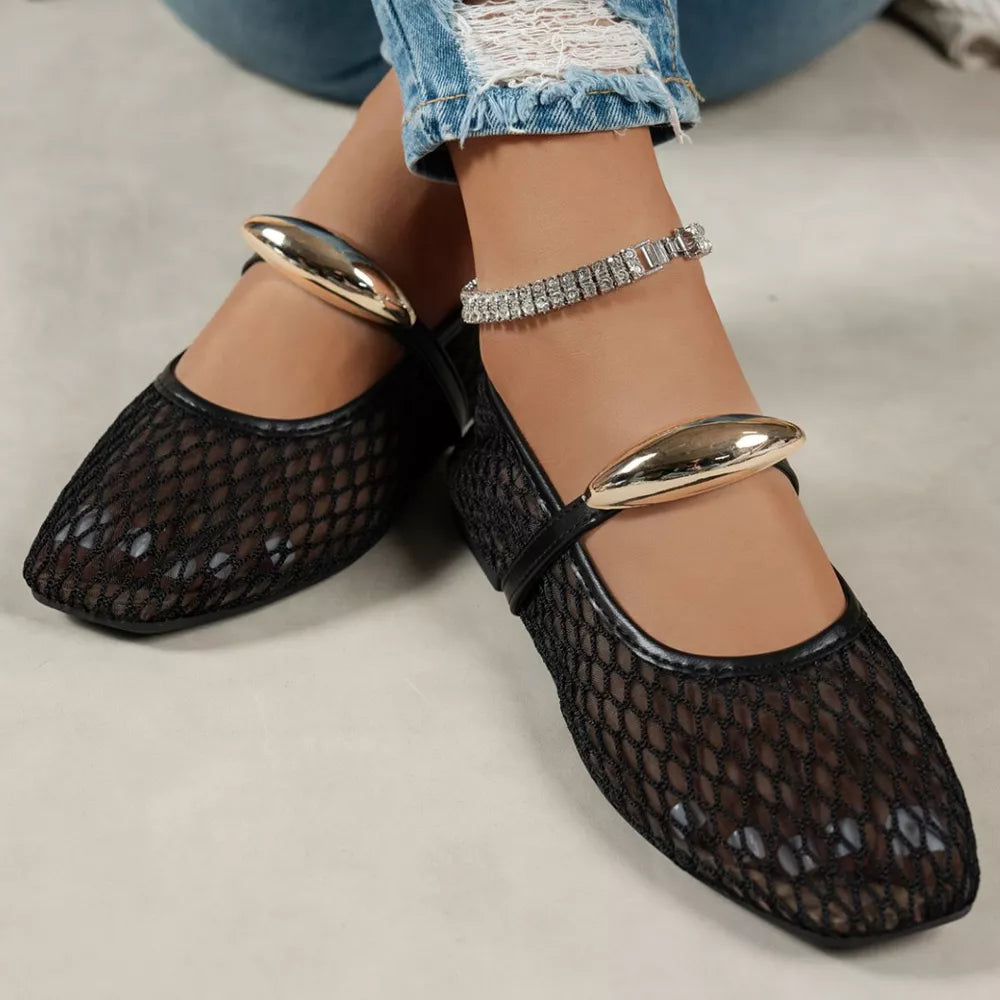 Square Toe Mesh Slip-on Flats in Brown