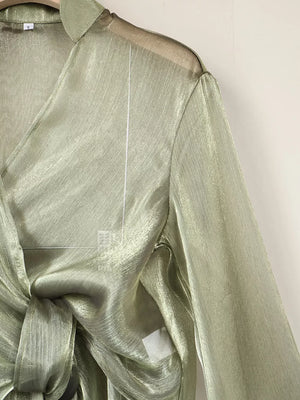 metallic olive green wrap top with cropped and tie
