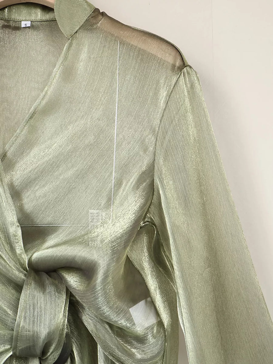 metallic olive green wrap top with cropped and tie