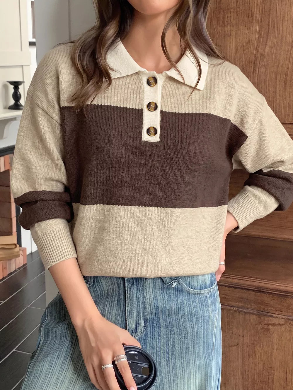 Color Block Polo Collar Sweater in Coffee Brown