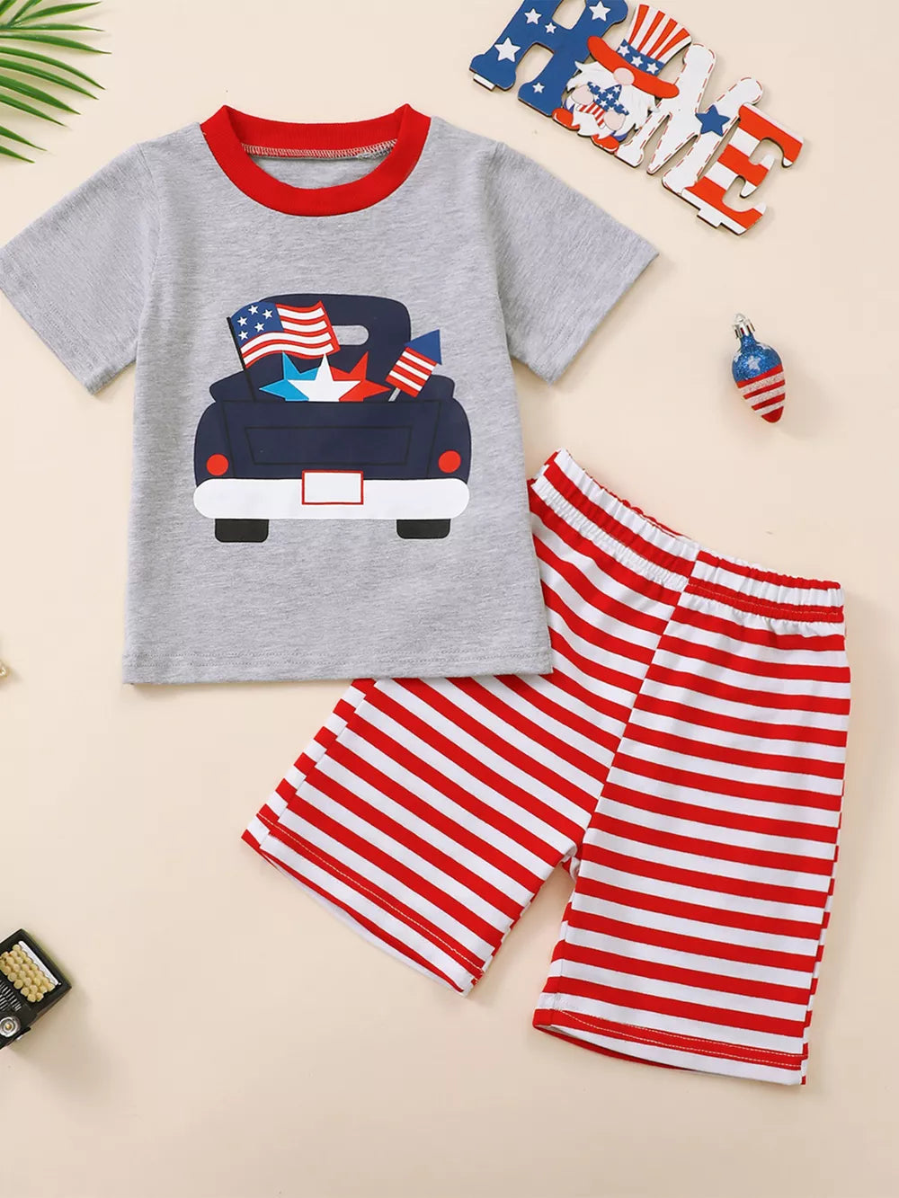 Patriotic truck graphic baby set with red trim tee and red & white striped shorts