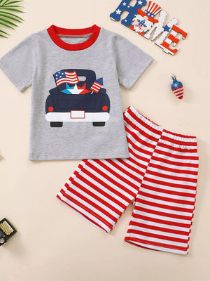 Patriotic truck graphic baby set with red trim tee and red & white striped shorts