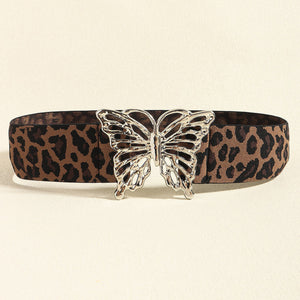 Leopard print elastic belt with silver butterfly buckle